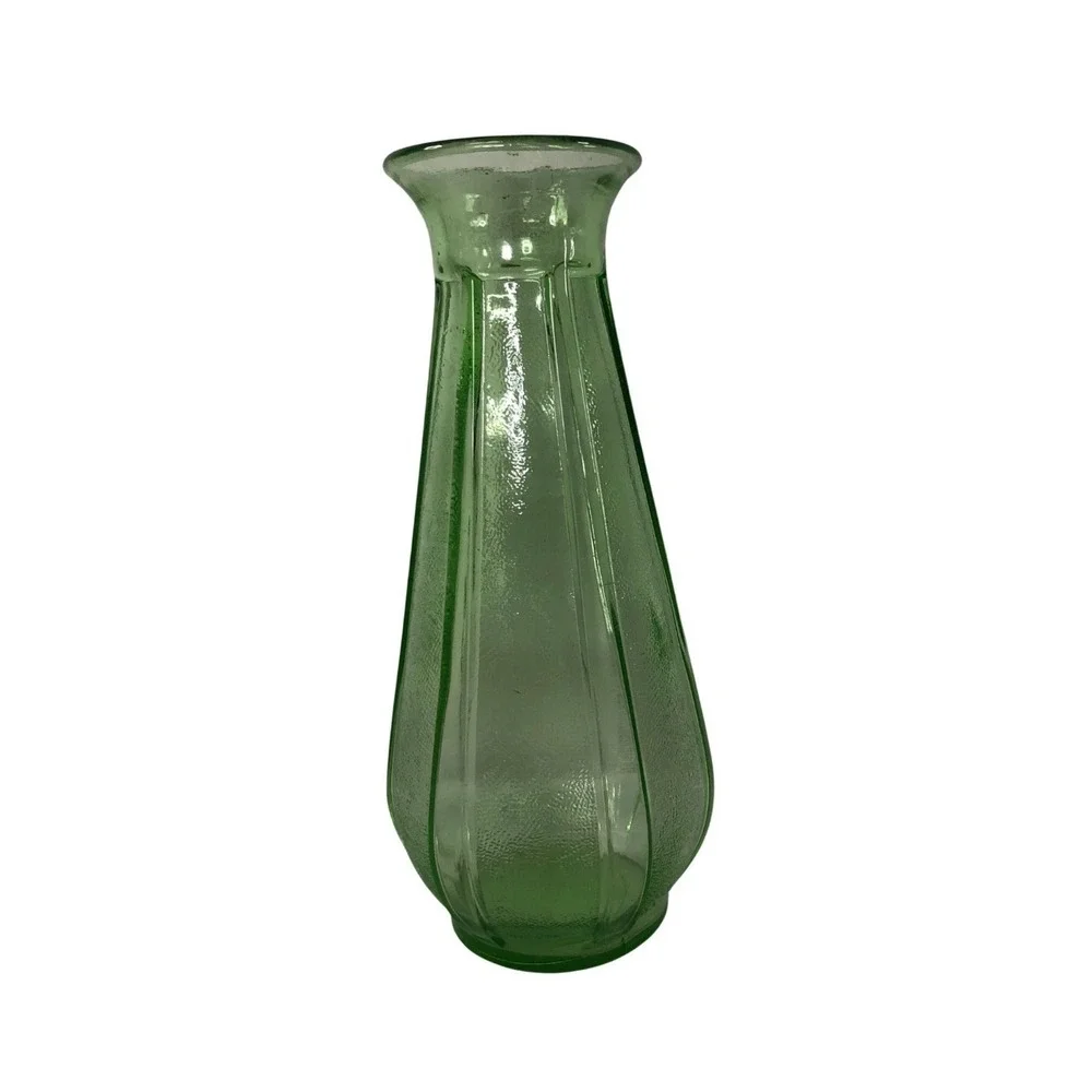 Vintage Green Ribbed Uranium Glass Vase Textured Stippled Art Deco Style Decor